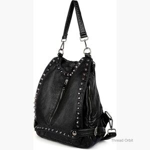 Large Convertible Backpack Purse with Rivet Studs, Waterproof Faux Leather